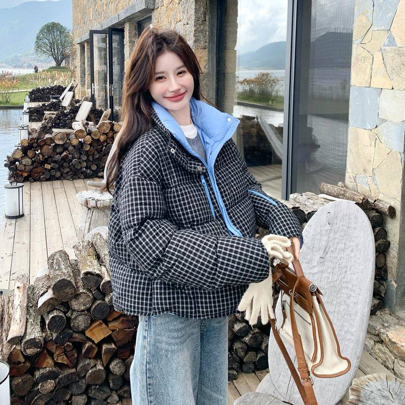 复古千鸟格短立2领C182--Y5羽绒服女025冬季小个款子保暖加90白鸭