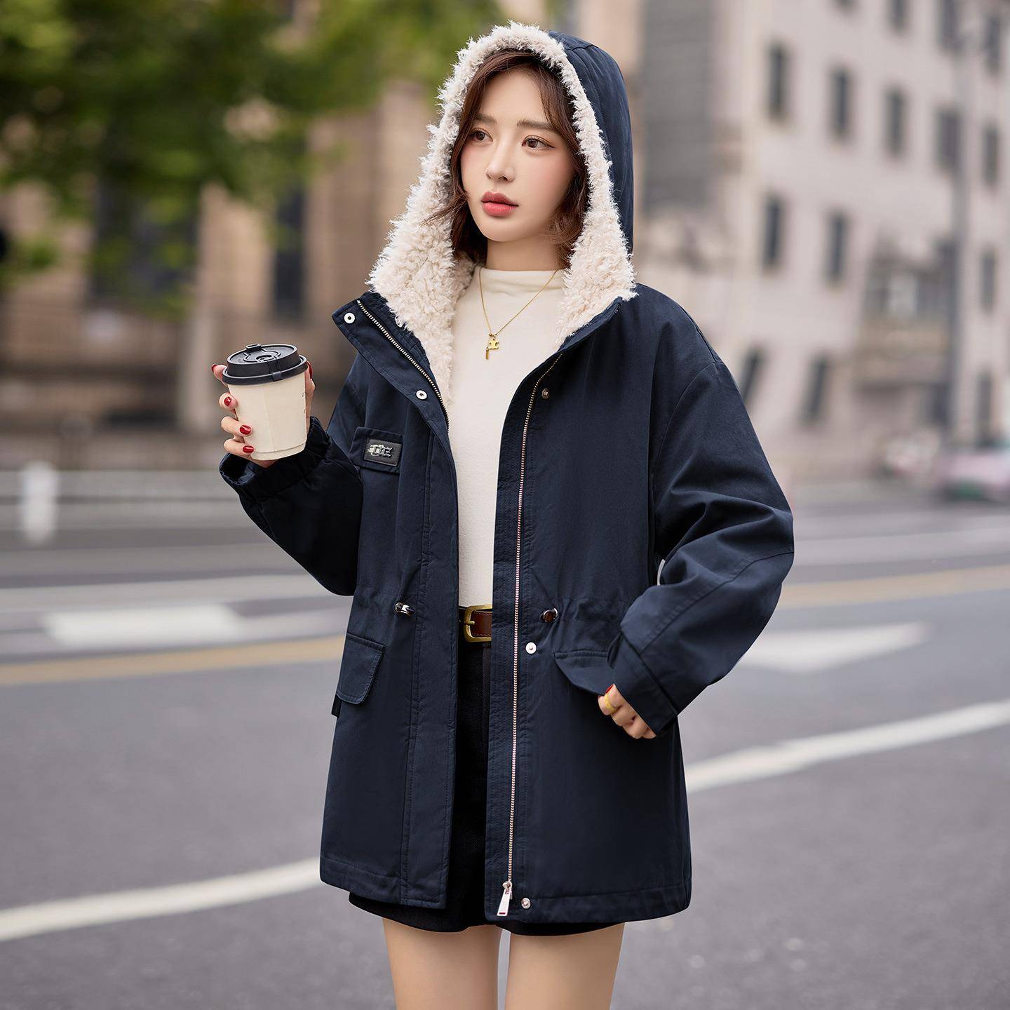 派克LU9115-1服女025年冬季新款款毛连帽保暖加2绒加厚大领中长外