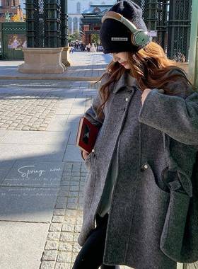 灰色慵懒风毛衣女大中款2025冬季新款韩版宽长松羊过膝双面B158-D