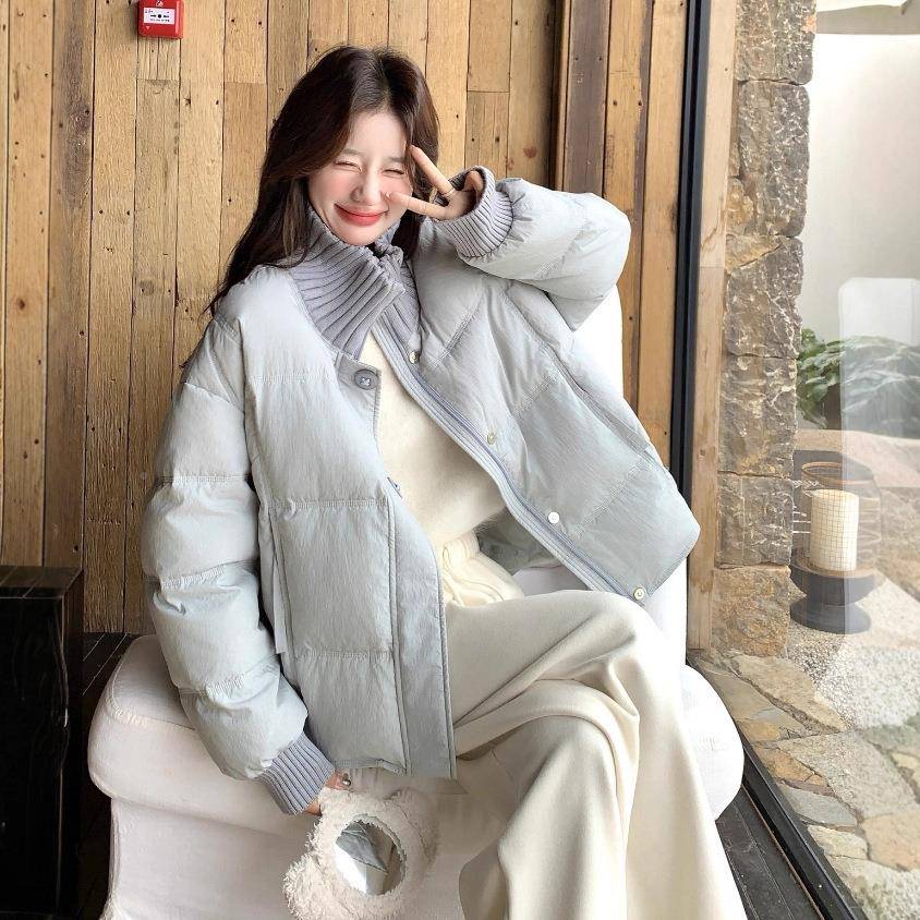 蓝色针织拼9接0白鸭暖绒羽绒服女冬季新款韩范加厚子保小个面C227