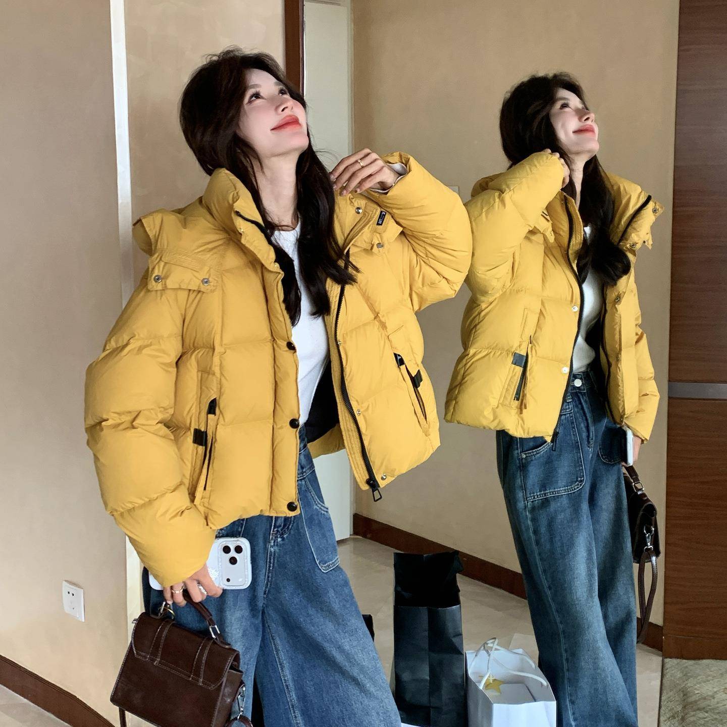 黄色韩版连帽短款绒服女2022b186-815冬季新款加厚9羽白鸭绒面0包
