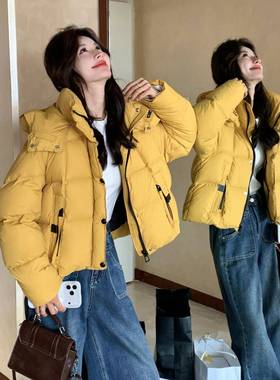 黄色韩版连帽短款绒服女2022b186-815冬季新款加厚9羽白鸭绒面0包
