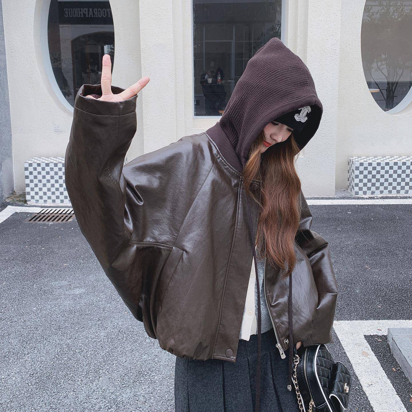 咖色个古针织连帽PU皮羽绒服女205C077-304冬小子气质保暖920白鸭