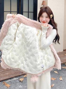 款短韩系2D116-68拼接仿皮毛一体套女超外看韩系2025冬上衣白鸭绒