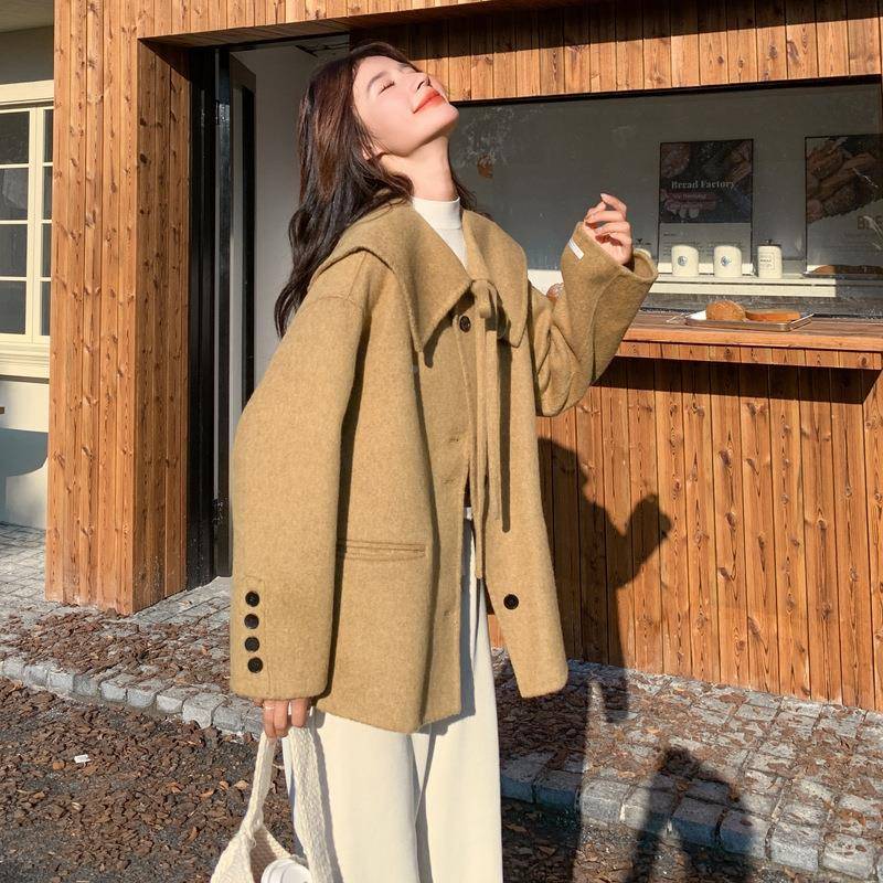 c033-880高巨绒好看双面羊大衣短款冬季2025新款韩系级感娃娃领呢