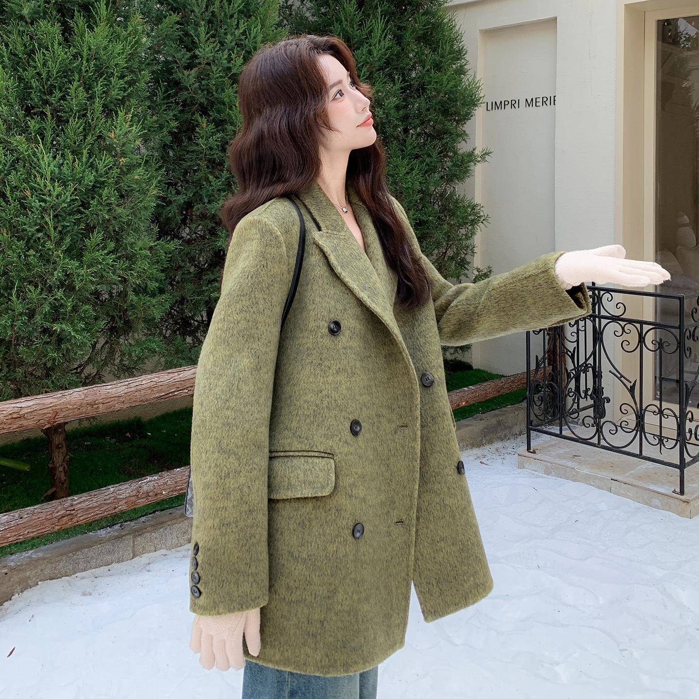 绿色双面b229-846羊绒呢大衣西女装冬季小个子厚气质高级感韩加系