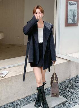 深灰色海军领双冬羊绒大衣女面20b201-Q2125款韩系气质高级感新羊