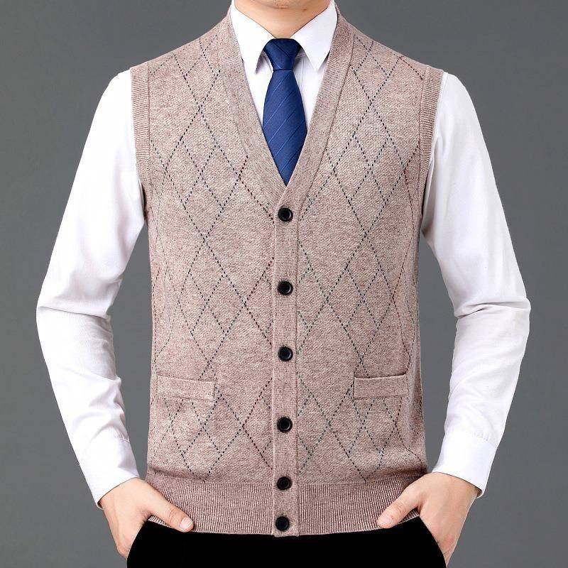 2024H7858-b+羊毛背心男V羊领绒大码针织毛衣衫秋冬坎中年马甲爸