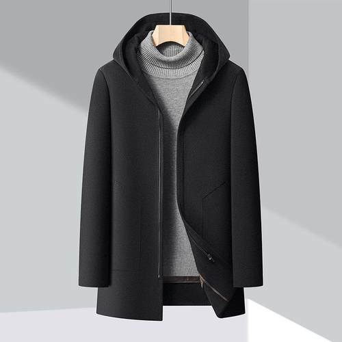 冬CFT季款双面呢大衣中长款脱新卸羽男绒中内胆年爸爸装毛呢连帽