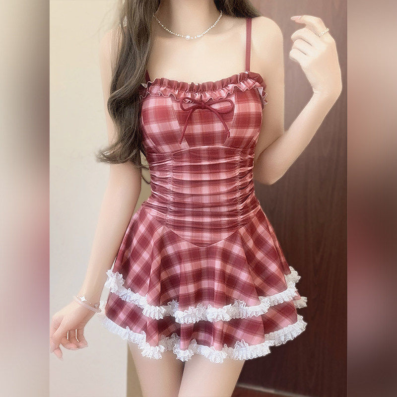 徐苏苏 绝美爆款显白红色格子2025新款度假泡温泉保守成人泳衣女