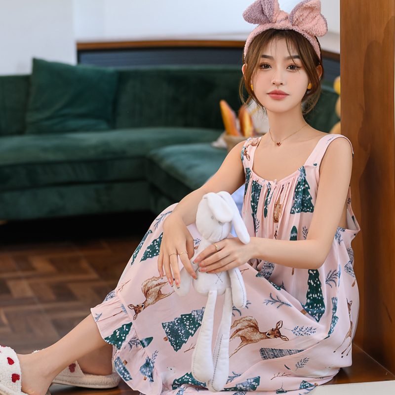  夏季韩版人造棉睡裙可爱性感棉绸吊带女睡裙清新大码学生家居服