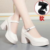 模特走秀高跟鞋 白色旗袍鞋 防水台厚底粗跟软皮单鞋 女真皮圆头皮鞋