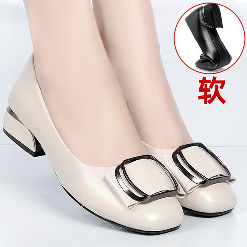 真皮浅口单鞋粗跟皮鞋时尚妈妈鞋