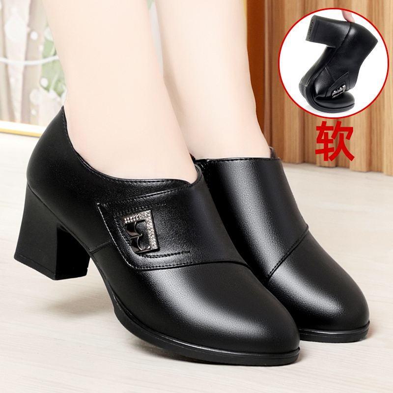 单鞋真皮软底中跟不累脚中年皮鞋