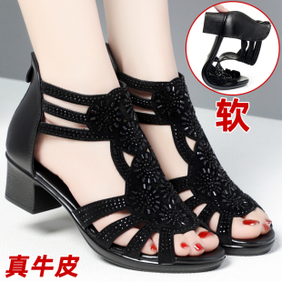 女新款 夏季 真皮中跟高帮镂空鱼嘴中年妈妈鞋 女鞋 坡跟大码 罗马凉鞋