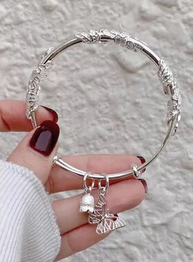 繁花似锦蝴蝶银镯子纯银9999足银手镯女生礼物推拉实心手环送女友