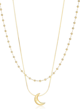 欧美轻奢金色双层叠戴项链女小众高级感月牙吊坠颈链秋冬毛衣链