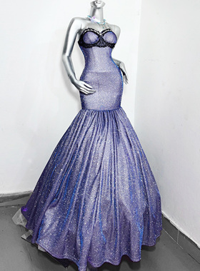 紫韵星辉*TDH原创蓝偏光紫色昭和性感包臀鱼尾拖地连衣裙爆闪礼服