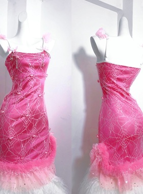 蛛网芭蕾*TDH原创芭比粉色毛绒立体爱心爆珠昭和公主小礼服连衣裙