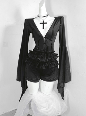 恶魔的眼泪*TDH原创暗黑哥特纯黑爆闪水晶流苏性感假两件连衣裙裤