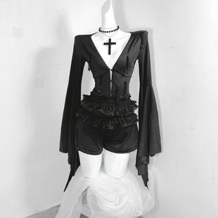 TDH原创暗黑哥特纯黑爆闪水晶流苏性感假两件连衣裙裤 恶魔 眼泪