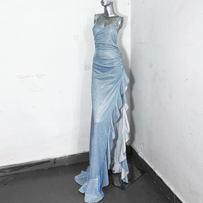 雪国公主*TDH原创蓝色爆闪亮片性感开衩水母造型连衣裙拖地礼服裙