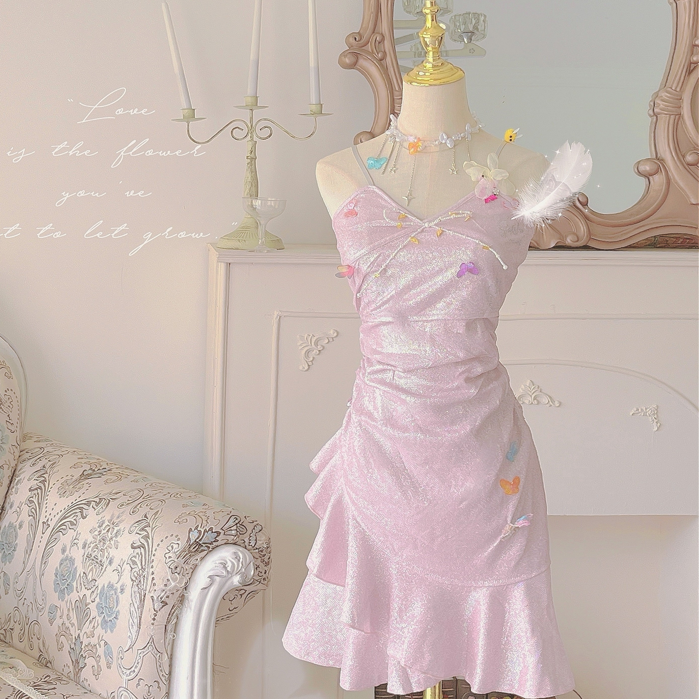 暖羊羊*TDH原创爆闪亮片樱花粉色公主鱼尾连衣裙蝴蝶礼服仙女裙子