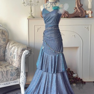 加长新款 传说原创蓝偏光绿色爆闪公主裙性感鱼尾连衣裙 蓝色大海