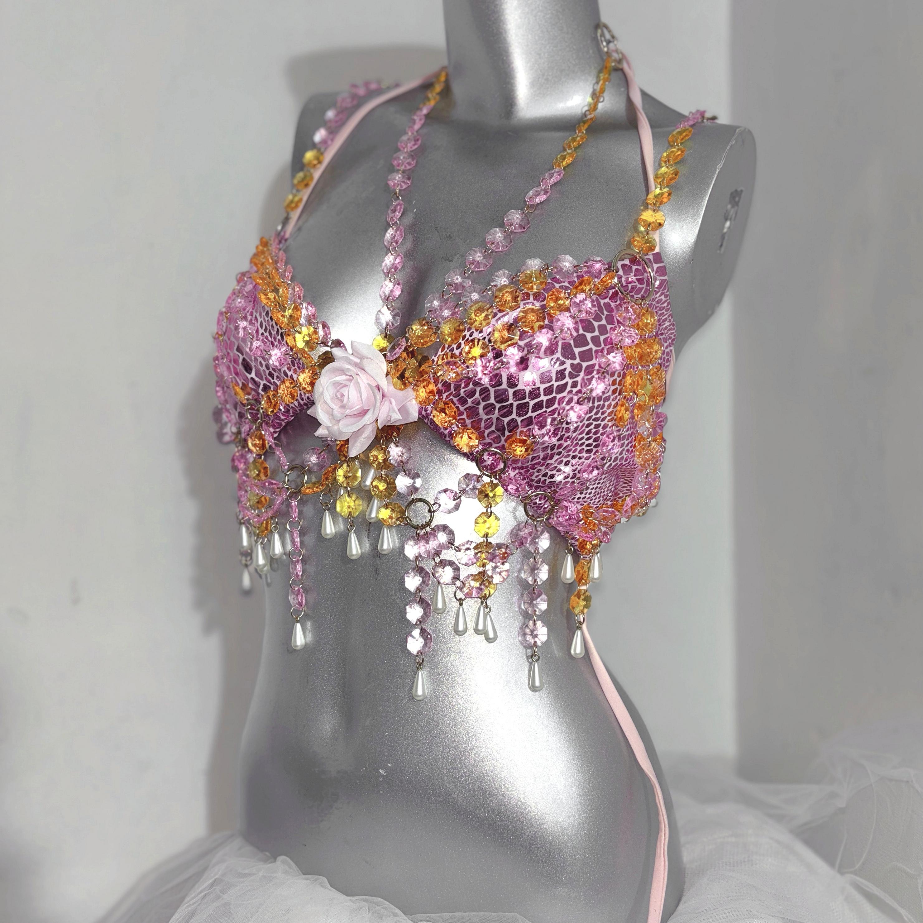 TDH原创*重金属独钥通体手作粉色爆闪胸链吊带背心身体链条比基尼