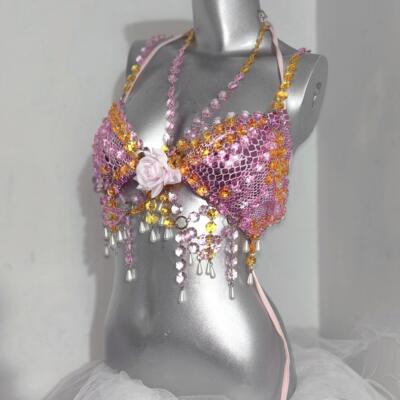 TDH原创*重金属独钥通体手作粉色爆闪胸链吊带背心身体链条比基尼