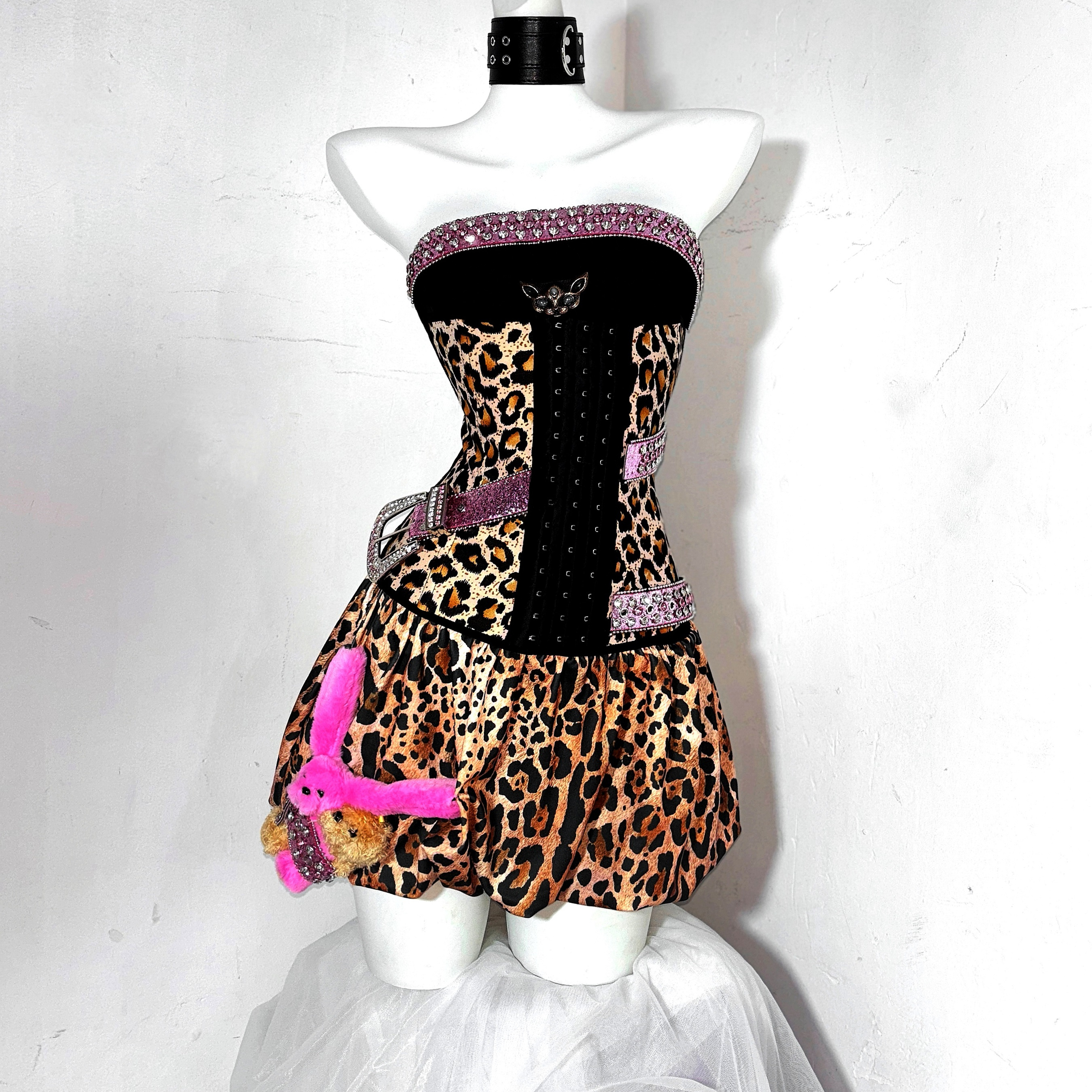 豹纹猫猫*TDH原创涩谷辣妹紧身抹胸裙鱼骨束身胸衣性感连衣裙套装