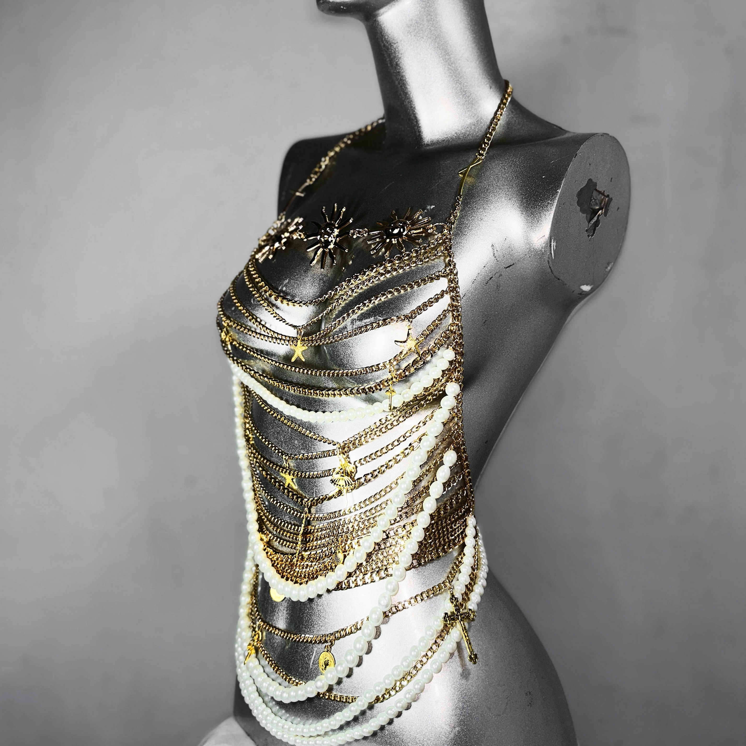 太阳神之眼*TDH原创旷野爆闪金色十字架身体链条辣妹挂脖吊带上衣