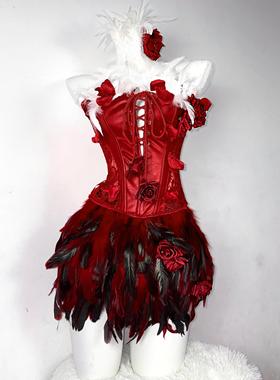 TDH原创AdoisBAE同款红白玫瑰哥特绑带抽绳羽毛胸衣束身抹胸上衣