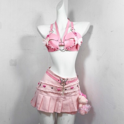 恋与小熊*TDH原创粉色皮具绑带上衣毛绒公仔百褶牛仔短裙辣妹套装