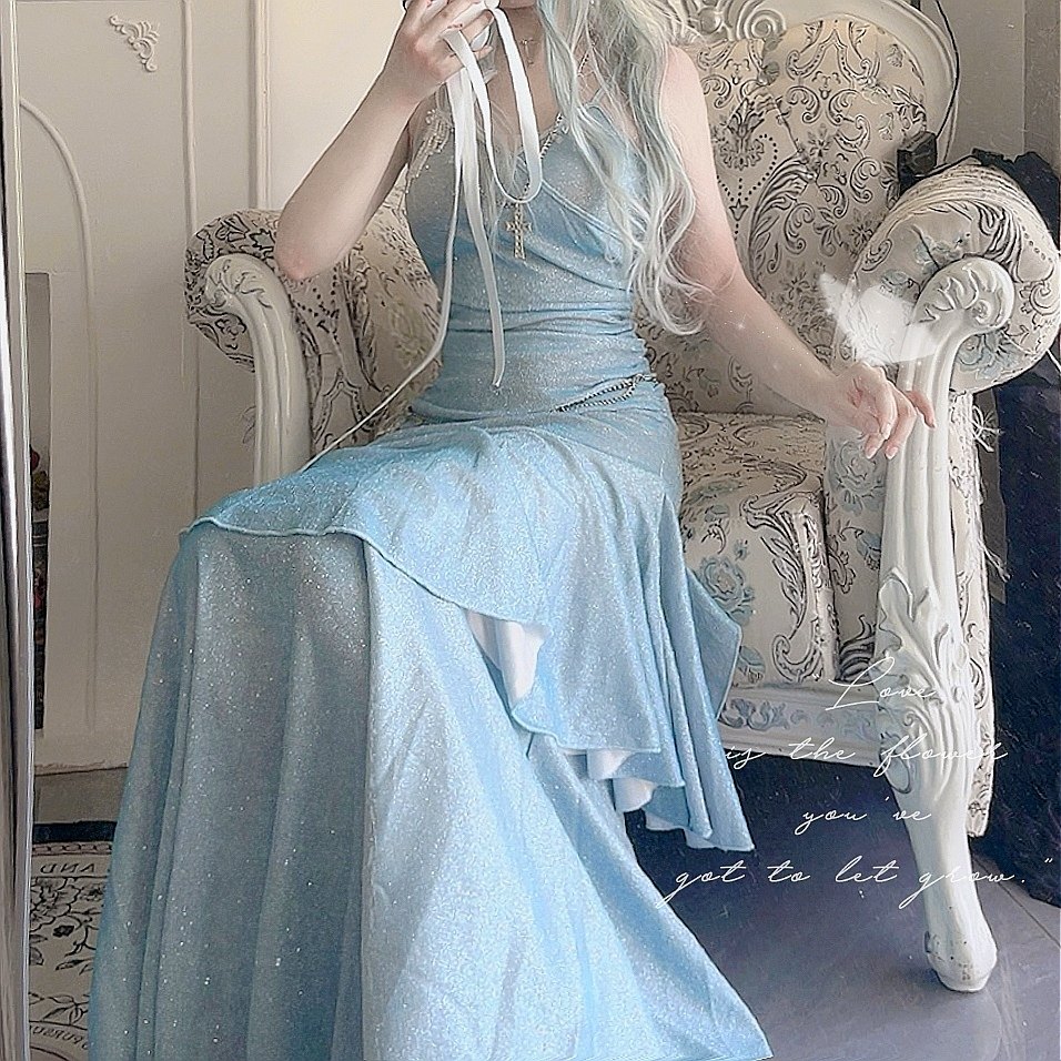 冰雪奇缘*TDH原创浅蓝色昭和公主性感包臀鱼尾连衣裙爆闪礼服长裙图片