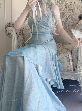 冰雪奇缘*TDH原创浅蓝色昭和公主性感包臀鱼尾连衣裙爆闪礼服长裙