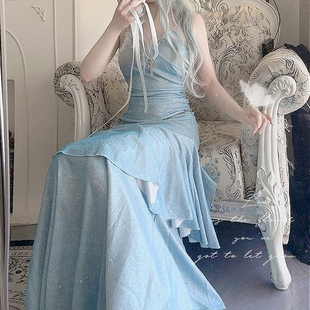 冰雪奇缘 TDH原创浅蓝色昭和公主性感包臀鱼尾连衣裙爆闪礼服长裙