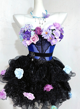 TDH原创手作公主蓝色花朵鱼骨分体连衣裙束身胸衣+蓬蓬裙平价婚纱