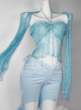 TDH原创蓝色爆闪亮片手作钩针挂脖抹胸+破烂毛线针织外套辣妹套装