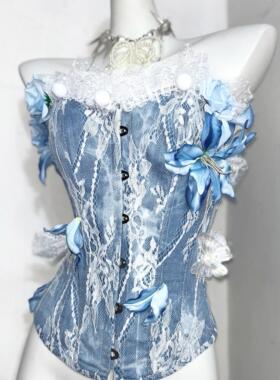再贩原创百合公主法式复古温柔手作蕾丝刺绣蓝色鱼骨胸衣抹胸上衣