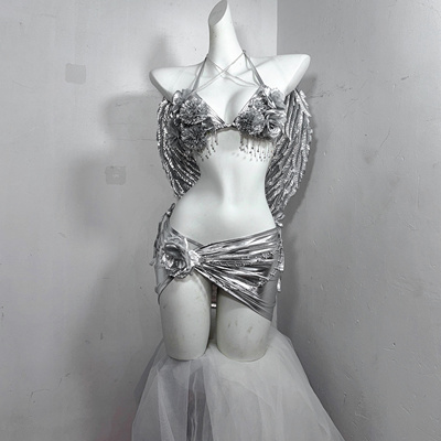 TDH原创亚文化未来液态y3k镂空链条手缝花朵性感银色翅膀辣妹套装