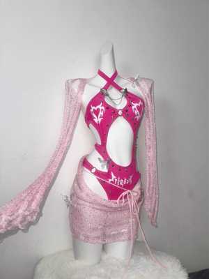 TDH原创芭比粉爆闪立体铆钉切割连体衣+破烂毛线针织短裙辣妹套装