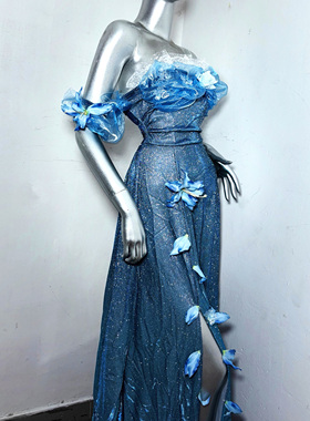 辛杜瑞拉*TDH原创手作蓝偏光绿色爆闪公主性感开衩连衣裙大摆礼服