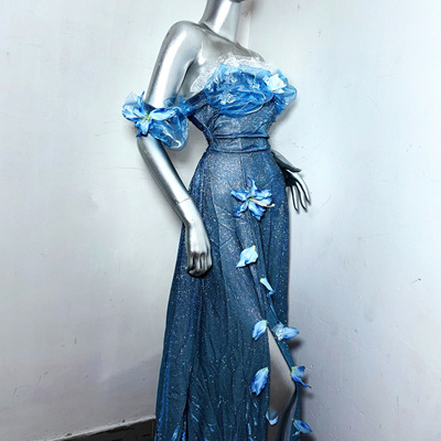 辛杜瑞拉*TDH原创手作蓝偏光绿色爆闪公主性感开衩连衣裙大摆礼服