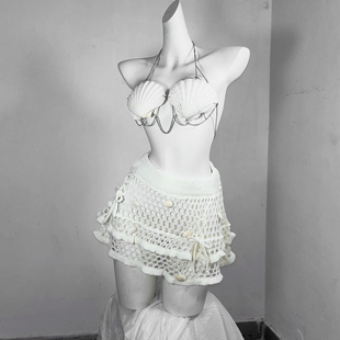 TDH原创手作天然贝壳身体链条毛线钩针蛋糕裙辣妹套装 塞壬 鳞纱