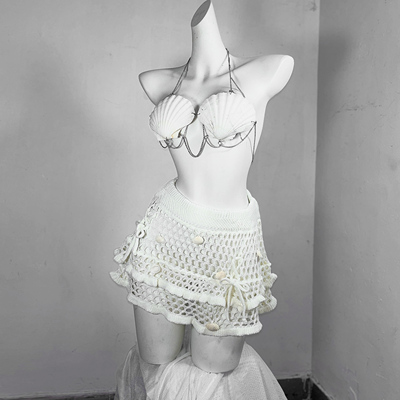 塞壬的鳞纱*TDH原创手作天然贝壳身体链条毛线钩针蛋糕裙辣妹套装