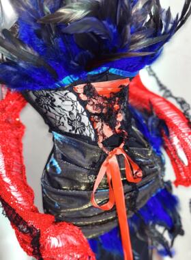 TDH原创手作哥特红蓝撞色重工蕾丝复古长裙秋冬长礼服吊带连衣裙