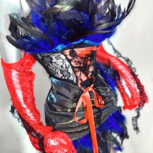 TDH原创手作哥特红蓝撞色重工蕾丝复古长裙秋冬长礼服吊带连衣裙