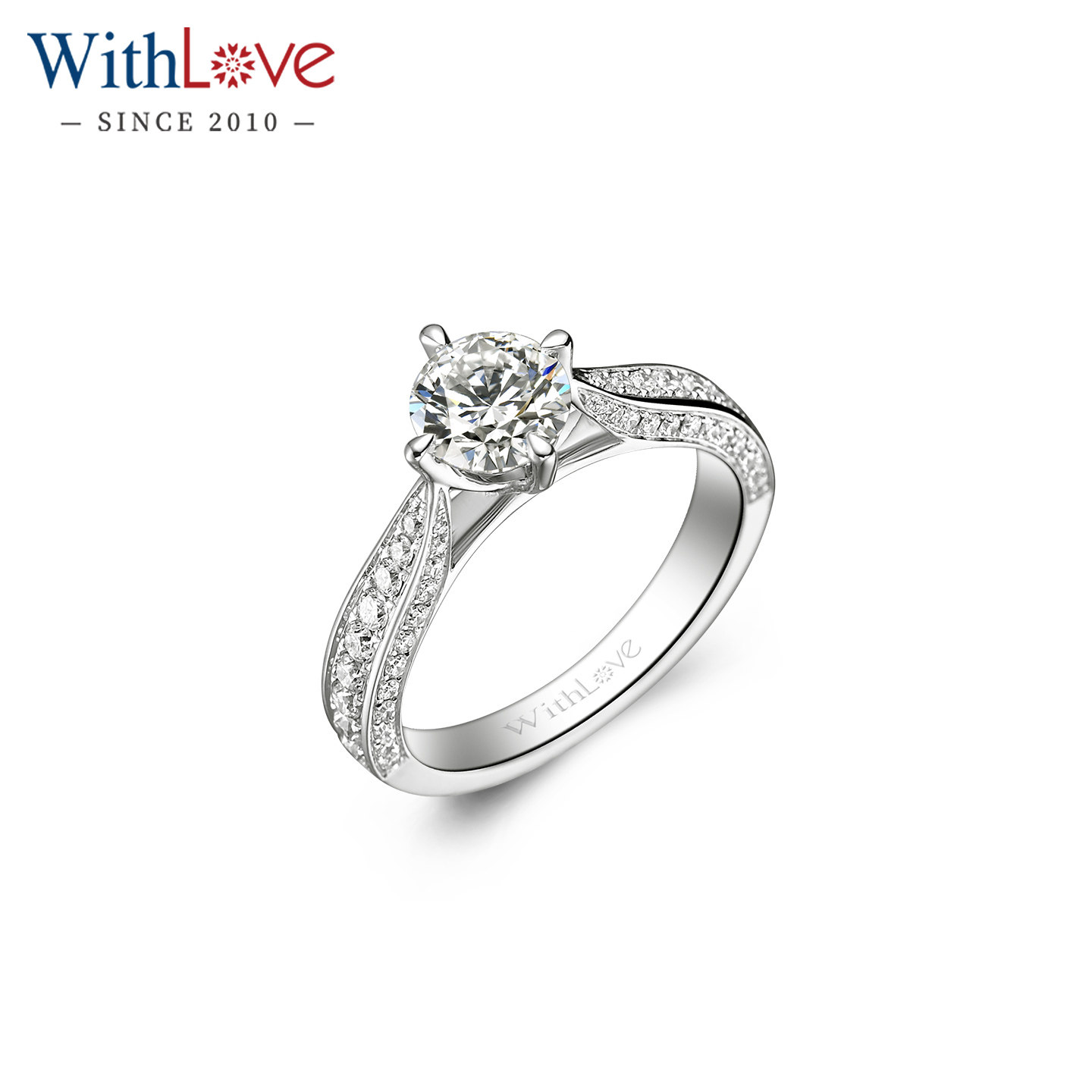 WithLove 18K金豪华群镶四爪钻石戒指 铂金结婚GIA钻戒定制