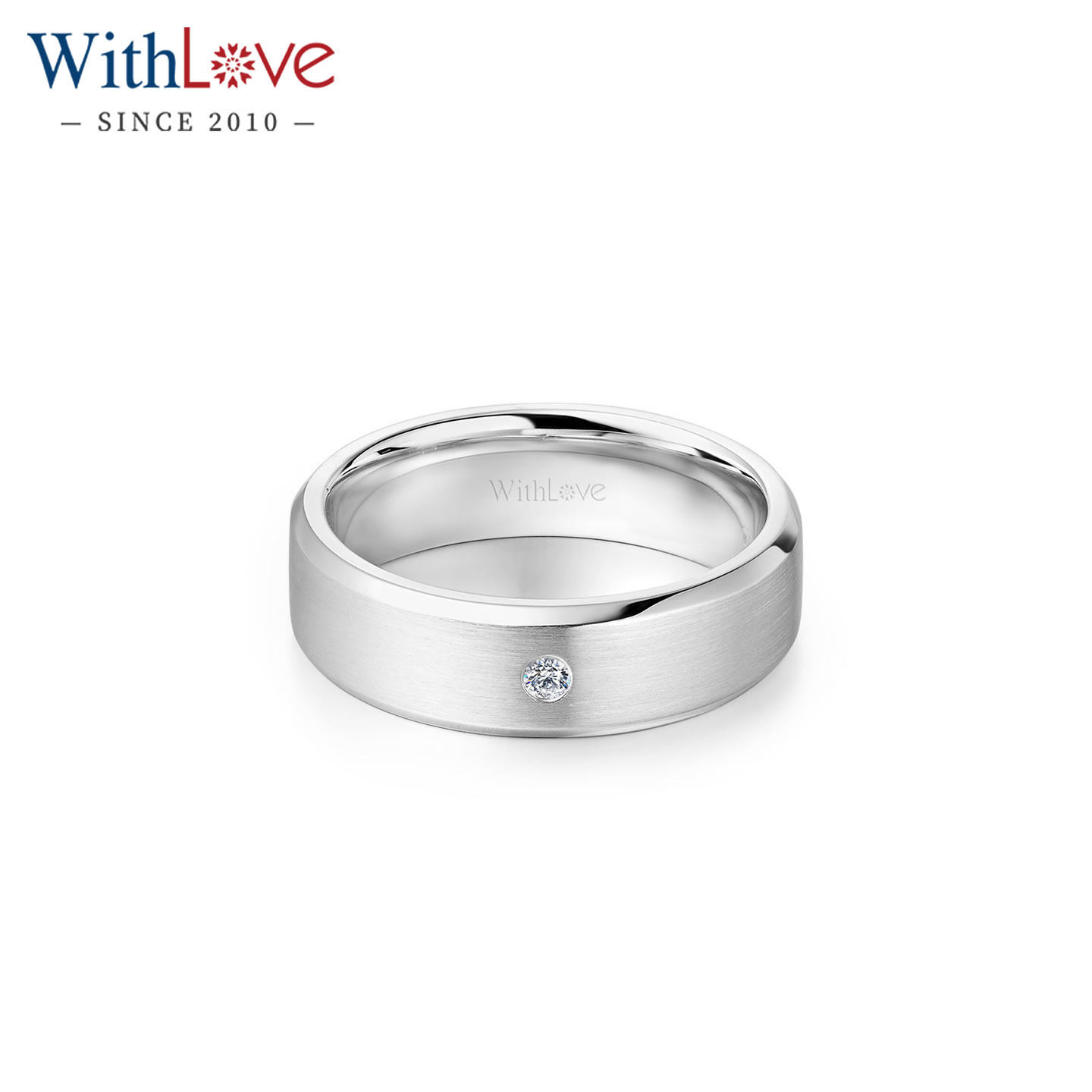 WithLove 白18K金宽版厚实钻石男戒 拉丝面时尚男士戒指定制